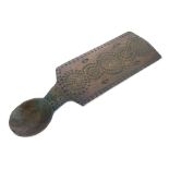 Dated early 19th Century treen love spoon, the broad handle with chip-carved guilloche and lozenge