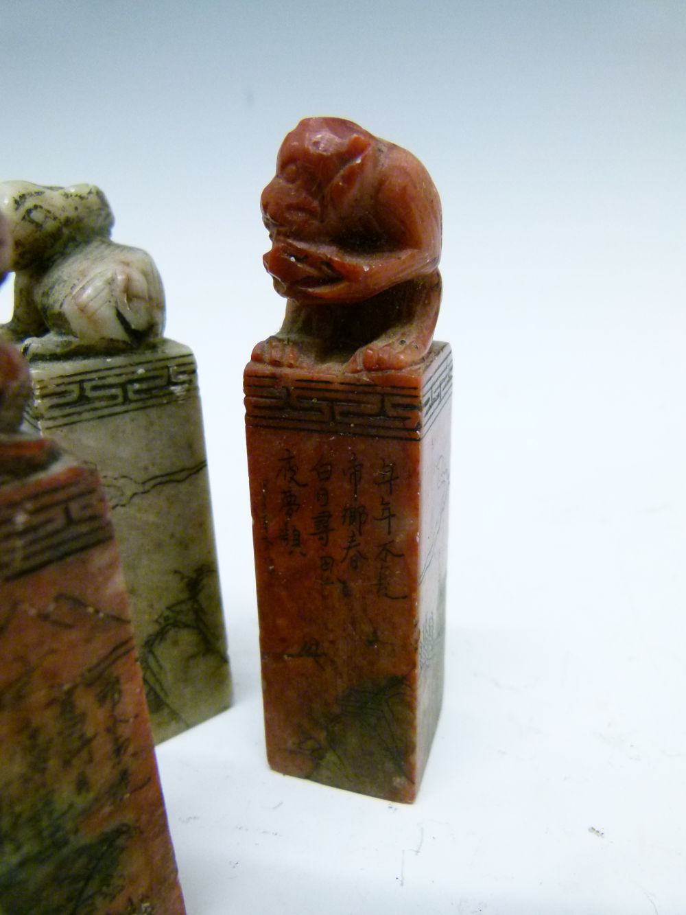 Set of twelve Chinese soapstone desk seals, each surmounted by a differing animal symbolising the - Image 4 of 14