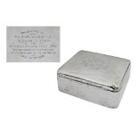 George V large silver table top box, the lid with presentation inscription reading 'Presented by the