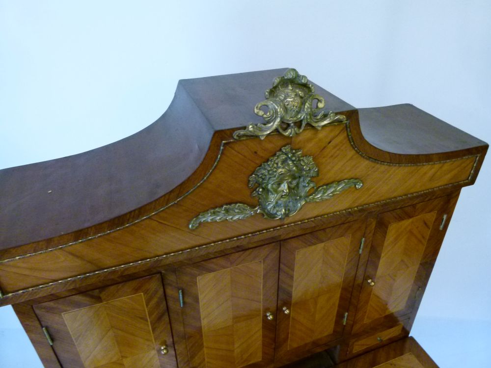 20th Century gilt metal-mounted walnut and kingwood bonheur-du-jour, the upper stage with pedimented - Image 3 of 10