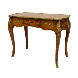 20th Century rosewood, tulipwood, kingwood and marquetry bureau plat, the cartouche-form top