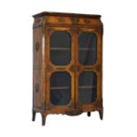 19th Century French marble top rosewood and kingwood vitrine or side cabinet, the rosso antico