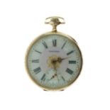 Waltham - American yellow metal open-face pocket watch, the white Roman chapter ring framing pink