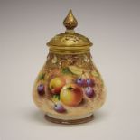 Mid 20th Century Royal Worcester porcelain pot pourri jar and cover, of lobed bulbous form decorated