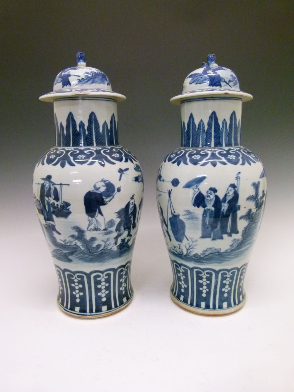 Large pair of 19th Century Chinese blue and white porcelain baluster jars and covers, each domed - Image 3 of 11