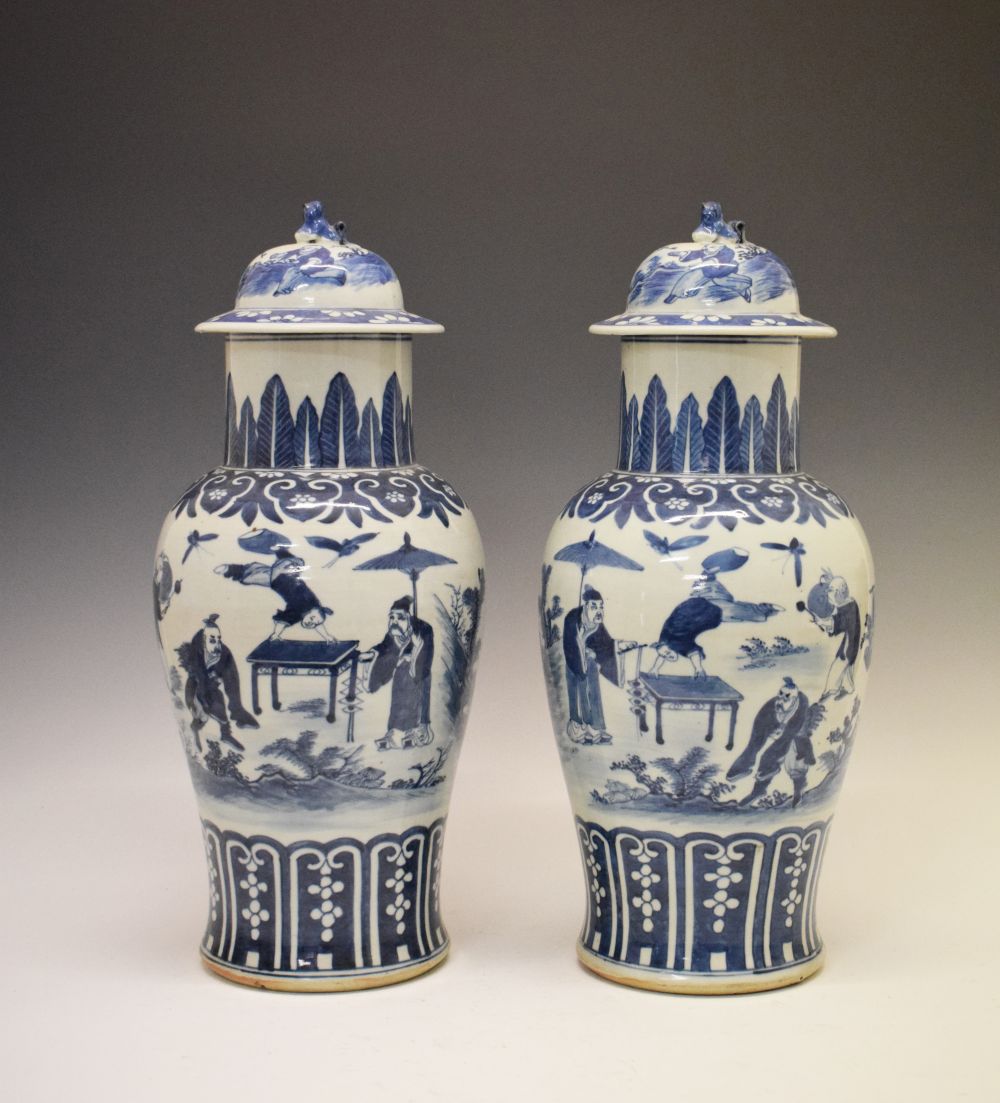 Large pair of 19th Century Chinese blue and white porcelain baluster jars and covers, each domed