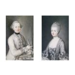 18th Century French School - Pair of portrait miniatures on paper, a gentleman engraver holding a