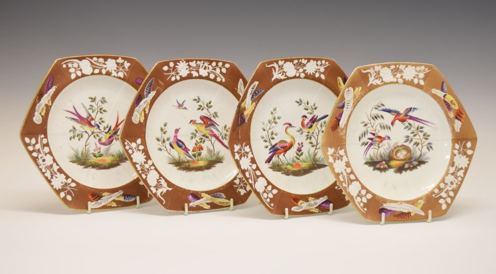 Set of four early 19th Century Spode porcelain dessert plates, each of hexagonal form decorated in