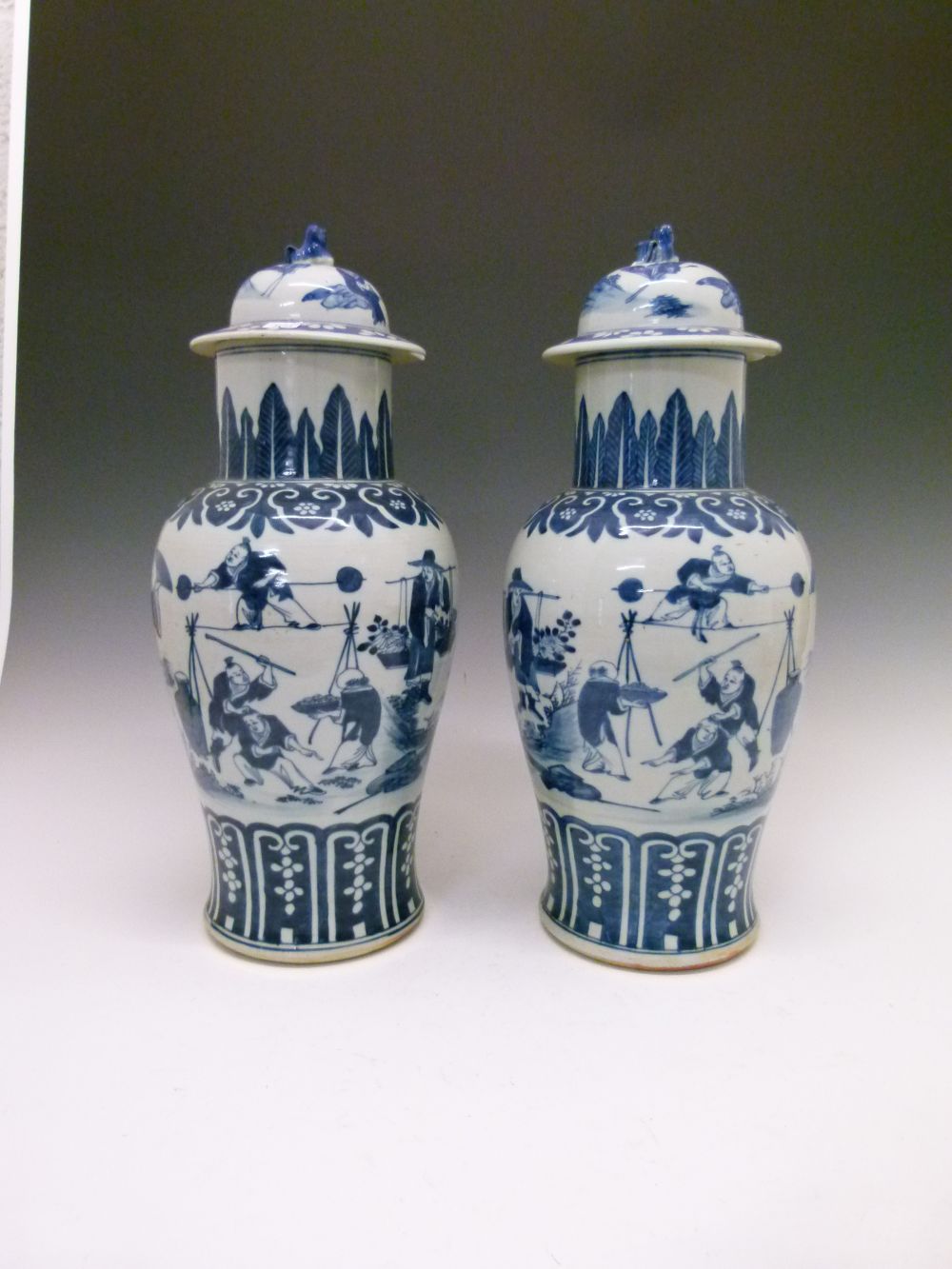 Large pair of 19th Century Chinese blue and white porcelain baluster jars and covers, each domed - Image 4 of 11