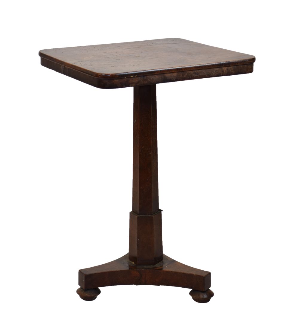 Second quarter 19th Century oak and burr elm snap-top pedestal occasional table, the rounded