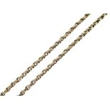 Yellow metal long chain of belcher link design, lobster claw stamped 9c, 155cm long approx, 44.4g