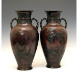 Large pair of late 19th or early 20th Century Japanese bronze vases, Late Meiji /Taisho, each of