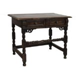 Late 17th Century fruitwood side table, the over hanging moulded top above twin panel frieze