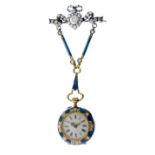 Lady's yellow metal, diamond and blue enamel pendant watch with necklace, circa 1900, the white