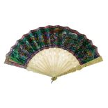 19th Century Chinese Canton carved ivory fan, the outer sticks modelled with figures and