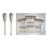 Set of Continental white metal flatware comprising: six serving spoons and six serving forks,