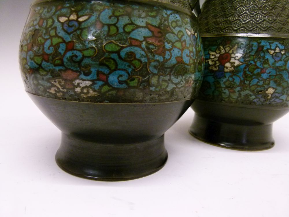 Pair of late 19th Century Chinese Archaistic-style bronze and cloisonné vases, each of bulbous - Image 5 of 10