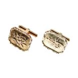 Pair of yellow metal two-colour cufflinks, each of canted oblong form decorated with raised 'rose