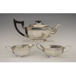 George V silver three-piece tea set, of hexagonal form comprising tea pot, sugar bowl and milk