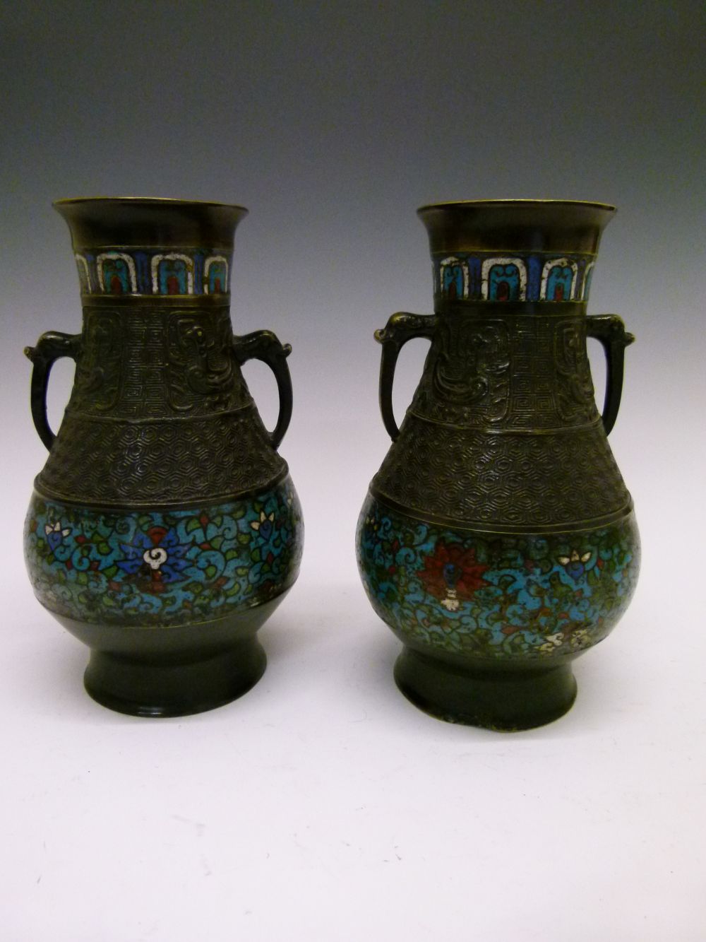 Pair of late 19th Century Chinese Archaistic-style bronze and cloisonné vases, each of bulbous - Image 8 of 10