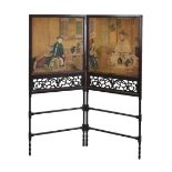 19th Century two-fold screen, decorated with panels of Chinese figures seated on terraces, both