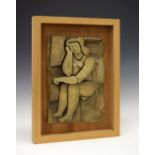 Peter Wright (1919-2003) - Studio pottery wall panel of seated female nude, mounted in wooden frame,