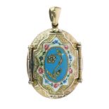 Victorian unmarked yellow metal and enamel mourning pendant, the hinged cover with blue and white