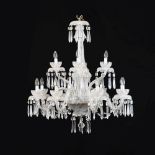 Good quality Waterford cut glass twelve branch chandelier, with canopy of lustre drops over two