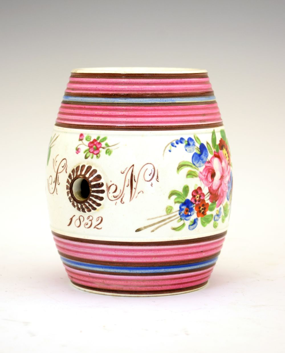 Local Interest - Dated William IV Bristol (Pountney) pottery spirit barrel, painted with flowers