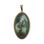 Early 19th Century yellow metal mourning pendant, the oval panel (probably ivory) painted in sepia