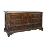 George III oak 'Lancashire' mule chest, the hinged cover over central break-arched fielded panel