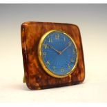 Swiss Art Deco blue enamel, tortoiseshell and gold-plated travel alarm clock, the turquoise Arabic