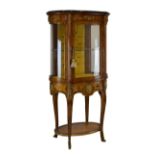 Good quality 20th Century gilt metal-mounted marble-top kingwood and burrwood oval vitrine or