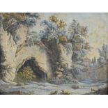 Late 18th Century English School - Pen and ink and watercolour - Classical landscape with grotto and