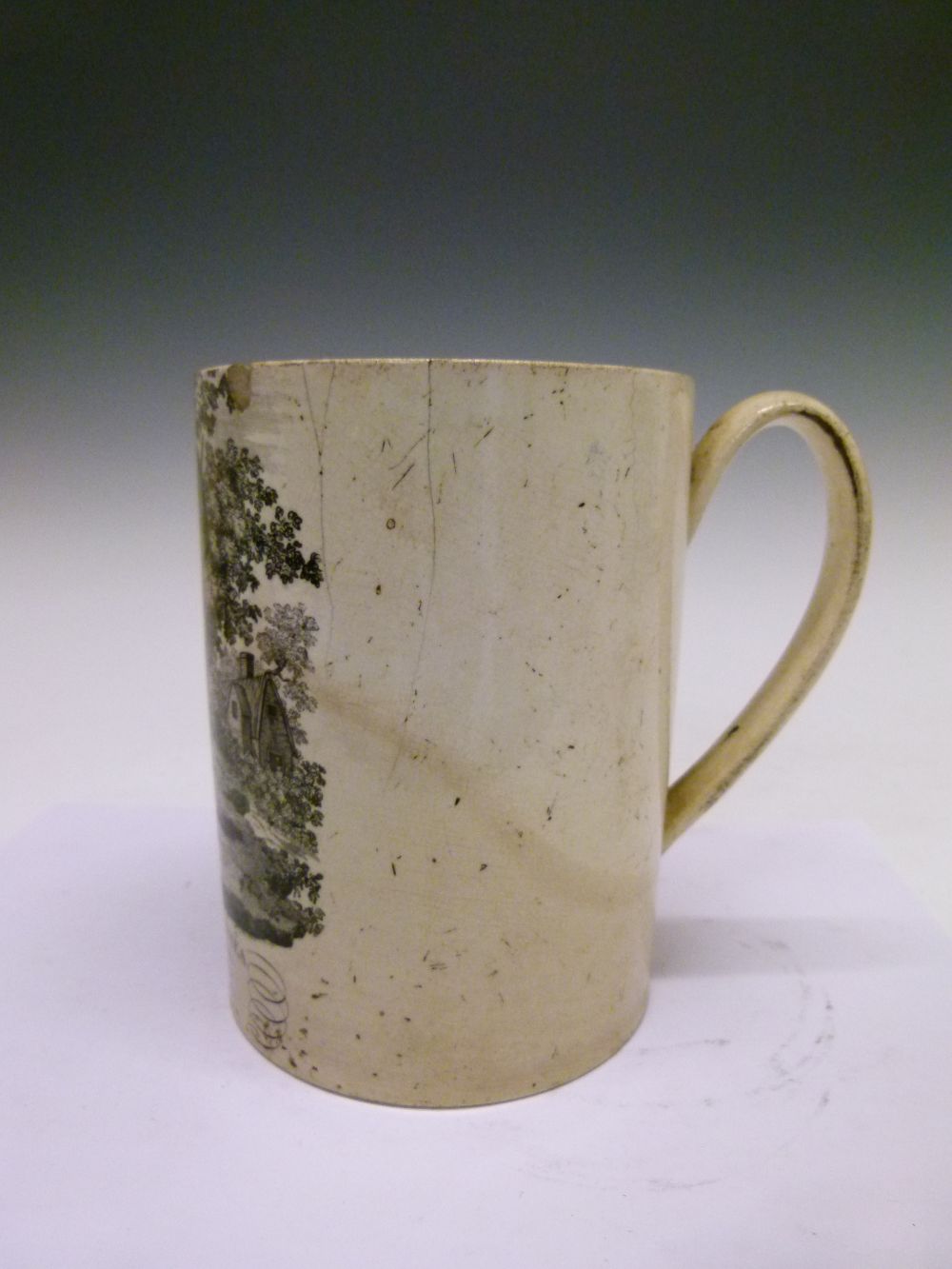 Rare George III transfer-printed creamware mug of large size, featuring a print after John Mollart - Image 2 of 9