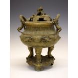 Large Chinese Archaistic-type polished bronze incense burner, cover and stand, bearing marks of