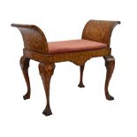 19th Century Dutch walnut and marquetry window seat, with drop-in cushion between outscrolled wings,