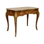 20th Century rosewood, tulipwood, kingwood and marquetry bureau plat, the cartouche-form top