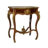 20th Century kingwood, burrwood and marquetry occasional table, the brass-bound cartouche-shaped top