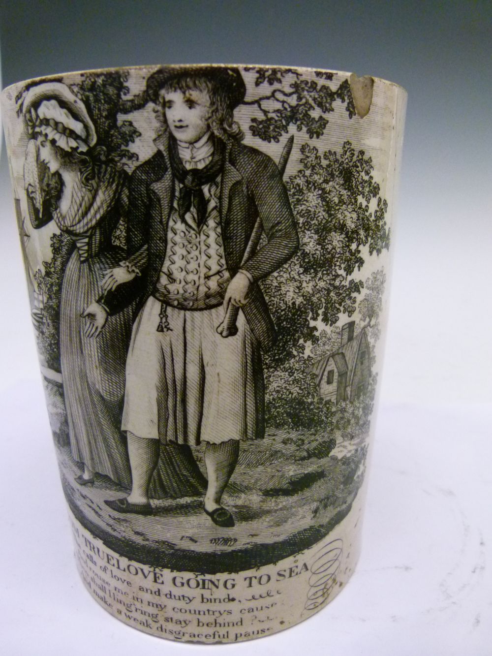 Rare George III transfer-printed creamware mug of large size, featuring a print after John Mollart - Image 3 of 9