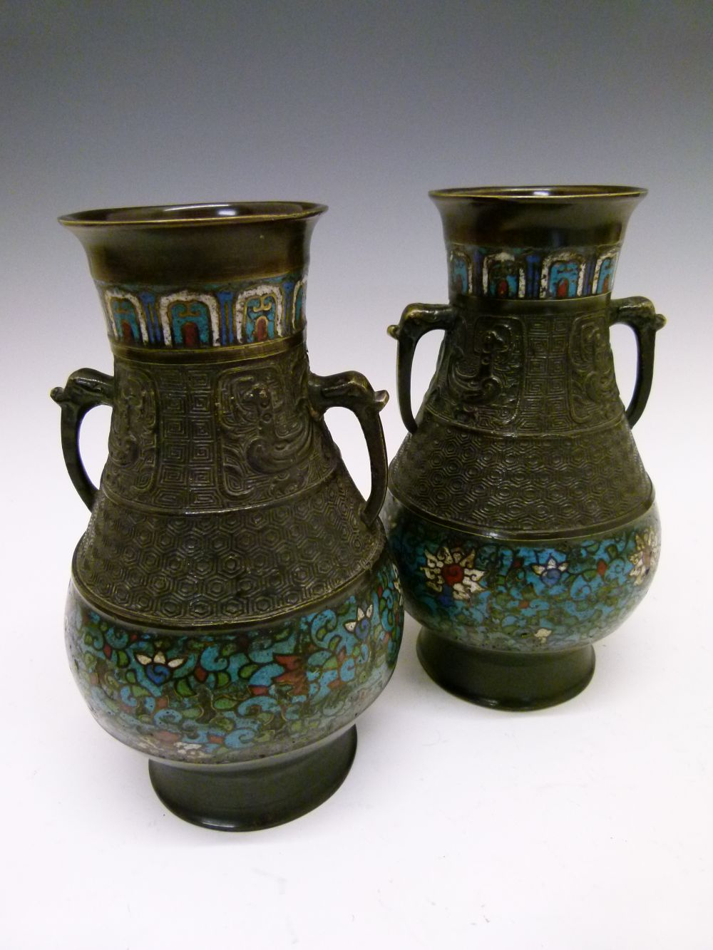 Pair of late 19th Century Chinese Archaistic-style bronze and cloisonné vases, each of bulbous - Image 2 of 10