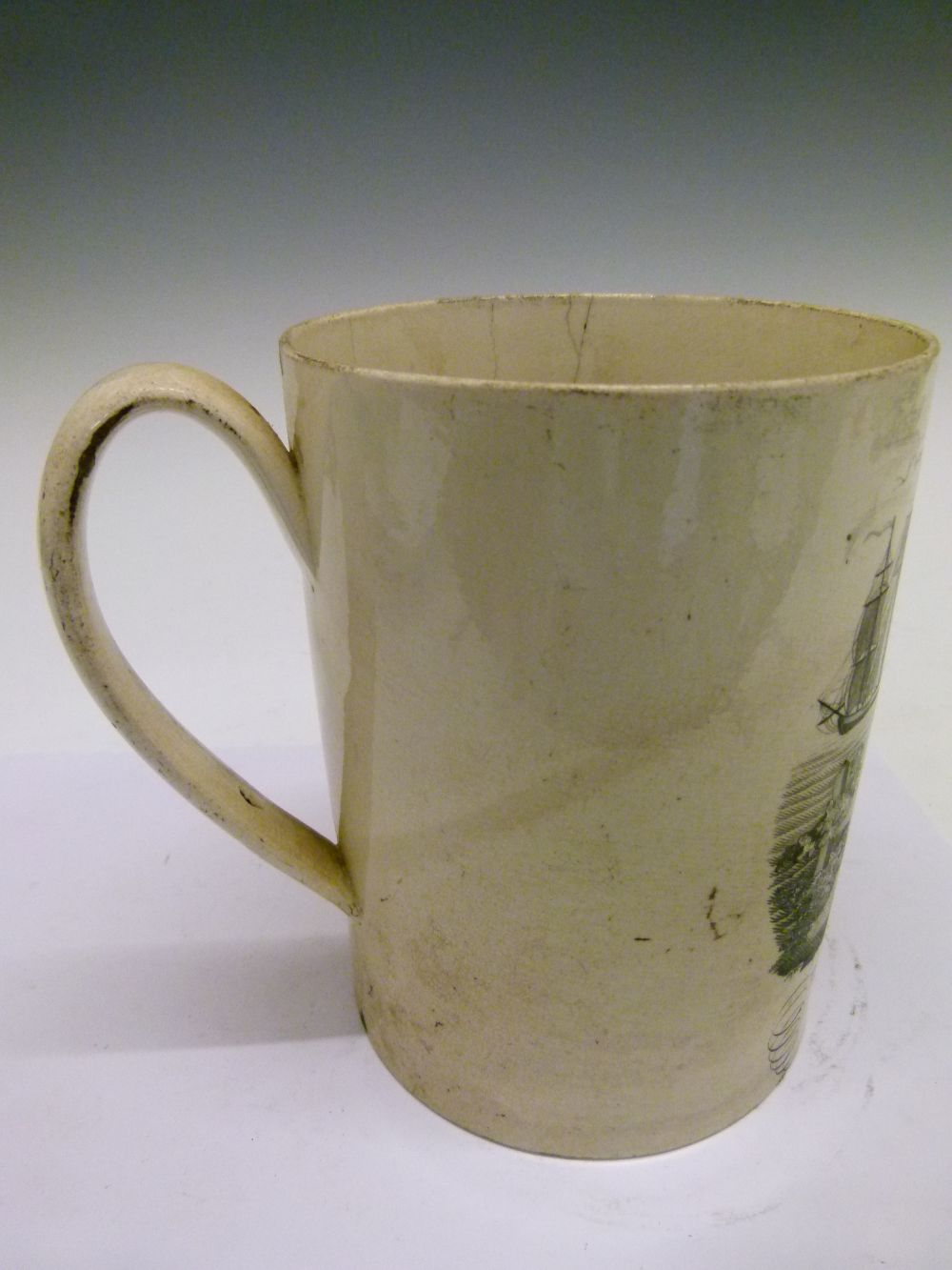 Rare George III transfer-printed creamware mug of large size, featuring a print after John Mollart - Image 6 of 9