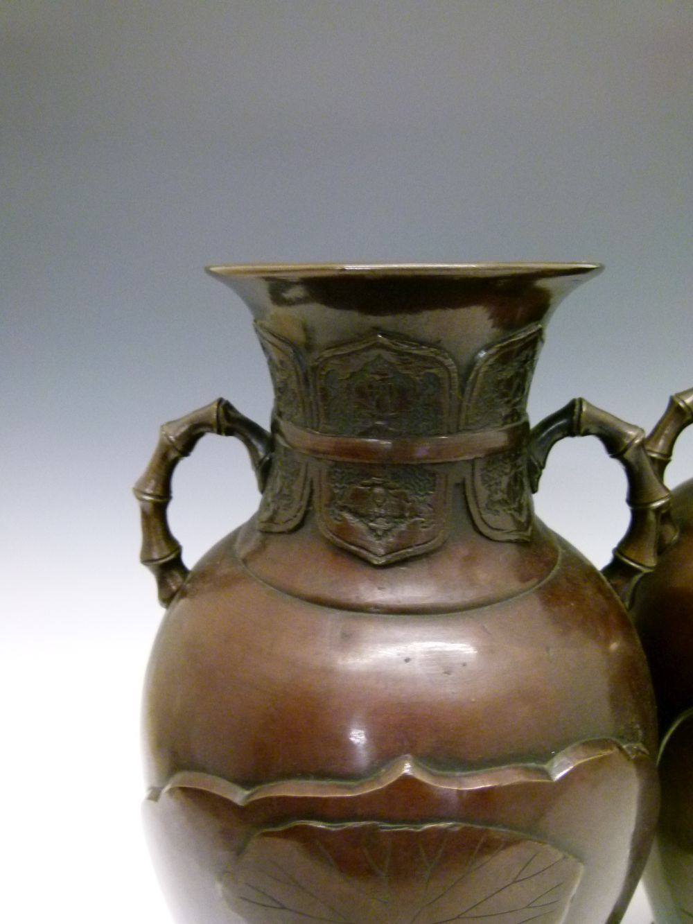 Large pair of late 19th or early 20th Century Japanese bronze vases, Late Meiji /Taisho, each of - Image 3 of 11