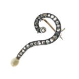 Unusual unmarked yellow metal, platinum and white stone brooch, formed as a question mark, the