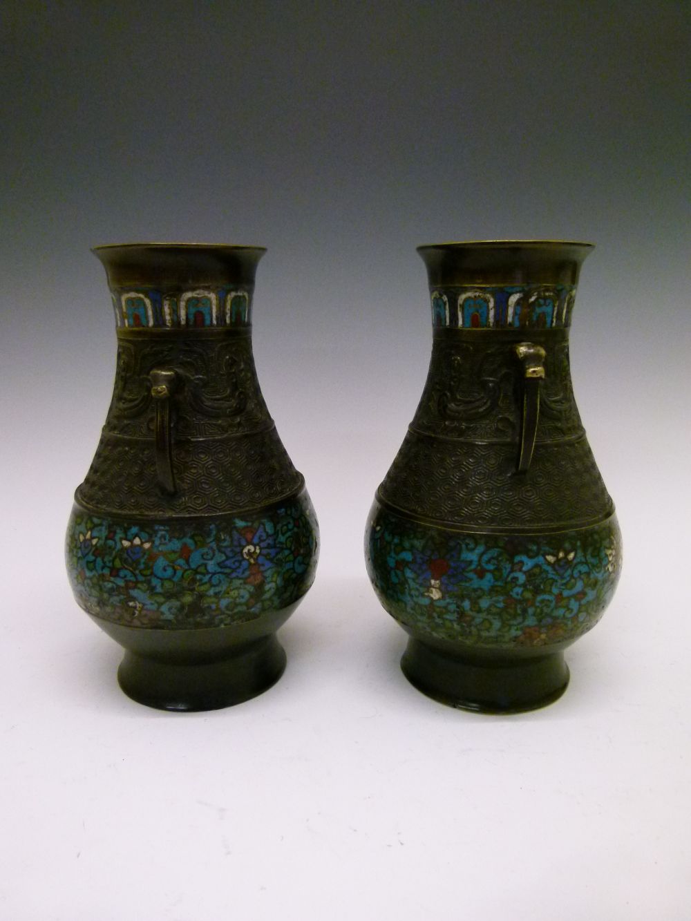 Pair of late 19th Century Chinese Archaistic-style bronze and cloisonné vases, each of bulbous - Image 6 of 10