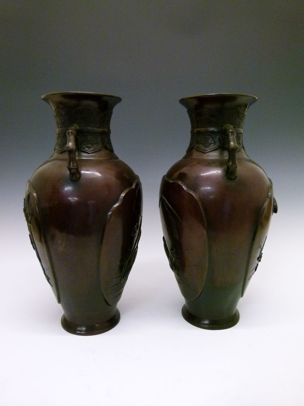 Large pair of late 19th or early 20th Century Japanese bronze vases, Late Meiji /Taisho, each of - Image 7 of 11