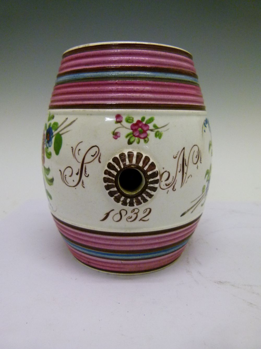 Local Interest - Dated William IV Bristol (Pountney) pottery spirit barrel, painted with flowers - Image 2 of 7