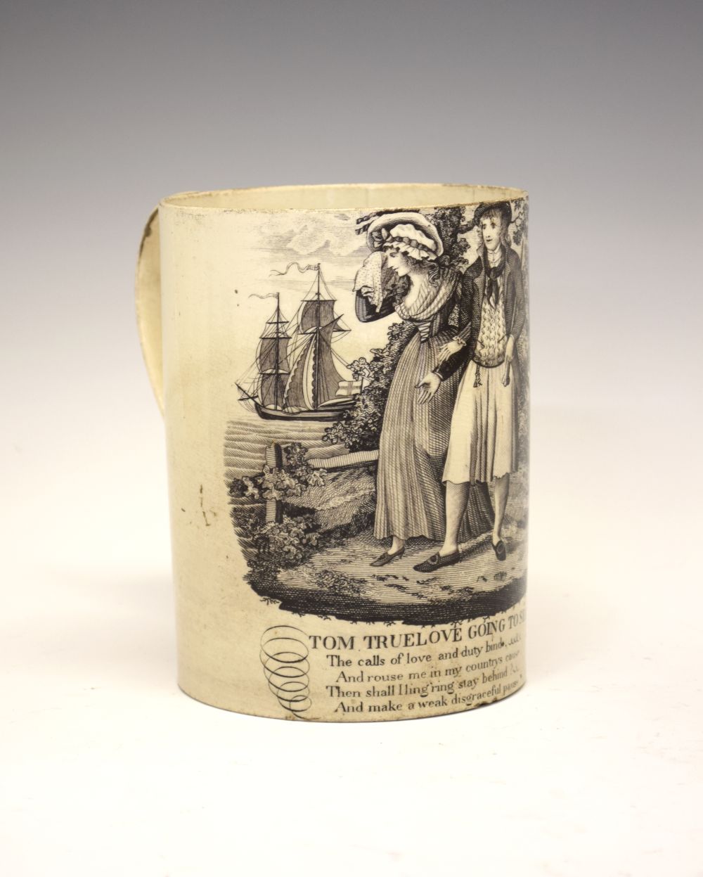 Rare George III transfer-printed creamware mug of large size, featuring a print after John Mollart