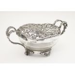 Edward VII glass and silver twin lidded sweetmeat dish, he pierced lid and twin side handles