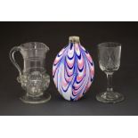 Three items of antique glass - Three-colour flask of 'Nailsea' type with pink, white and blue